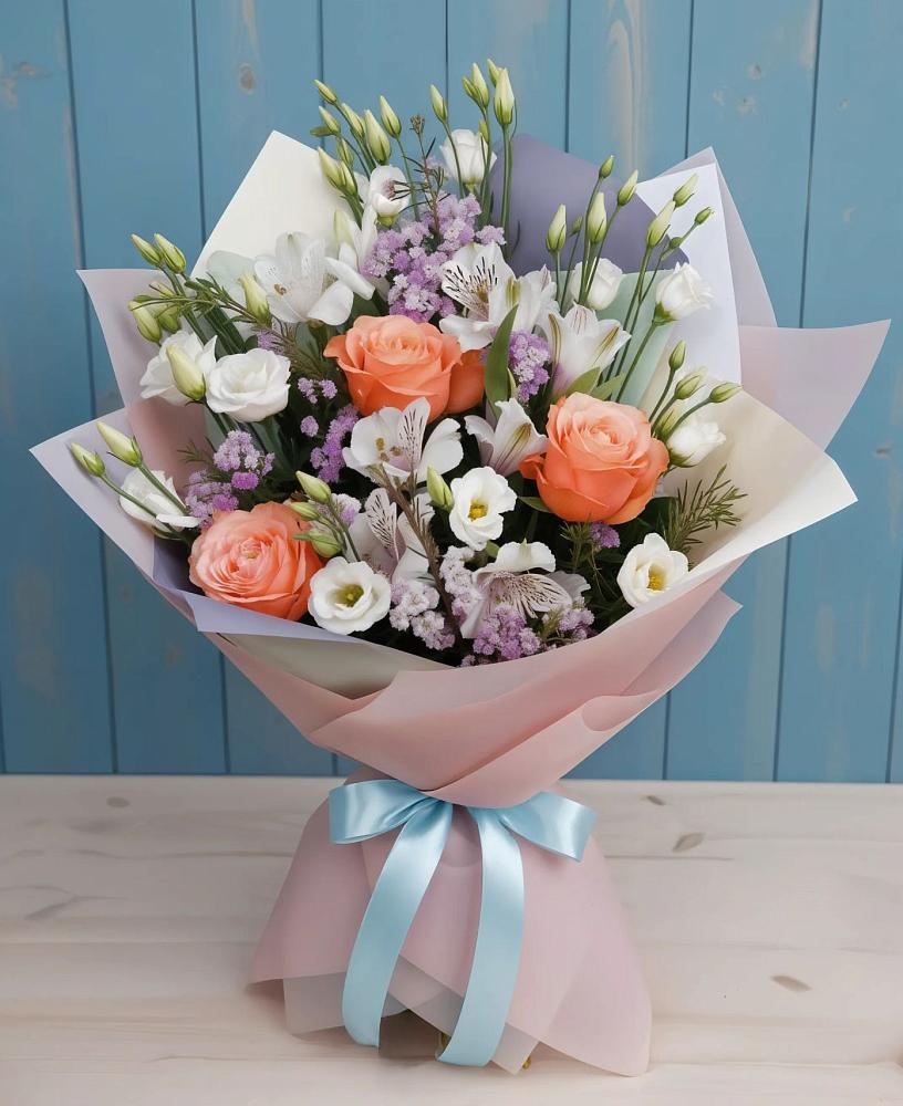 Букет цветов из: Лизиантусы, Розы, Альстромерии и Гипсофила в Чанки