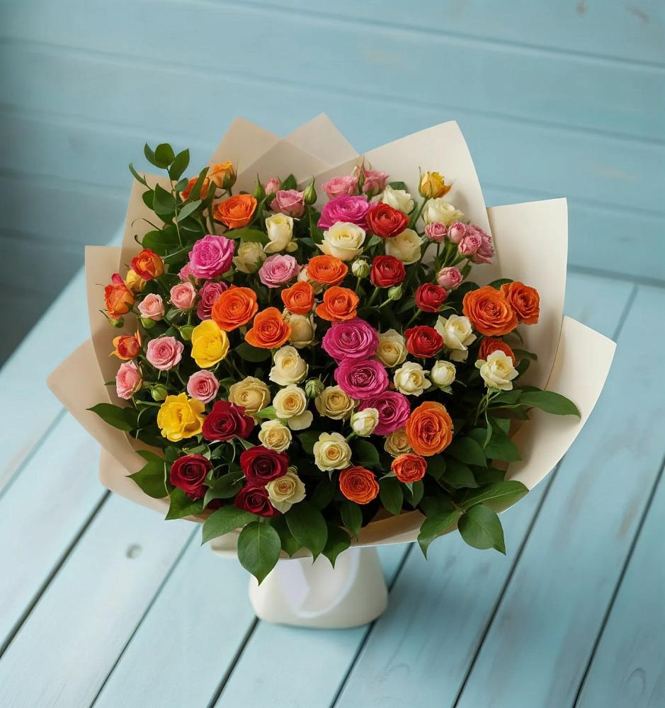Букет Микс из разноцветных кустовых роз в Чанки