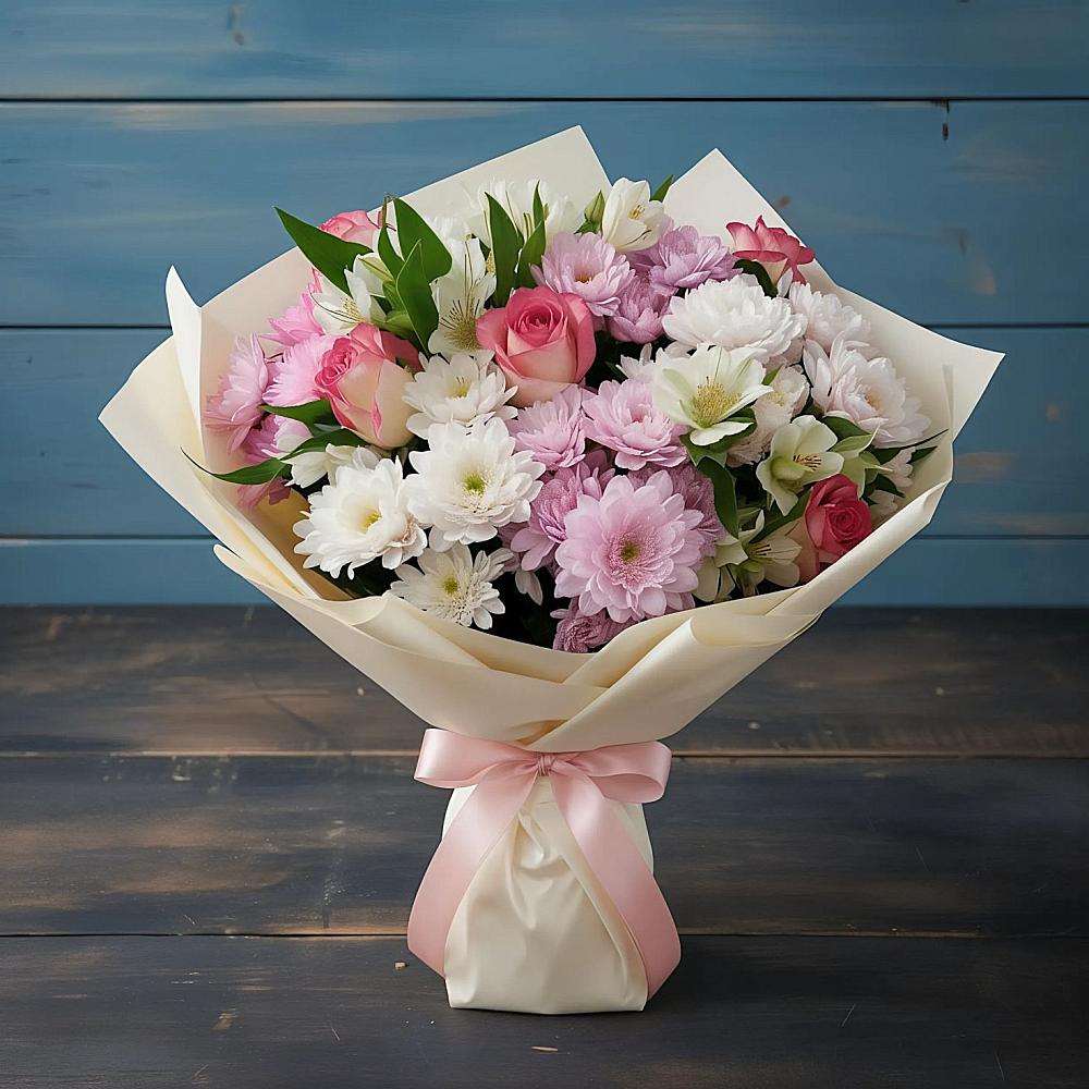 Букет цветов из: Хризантемы, Альстромерии и Розы в Чанки